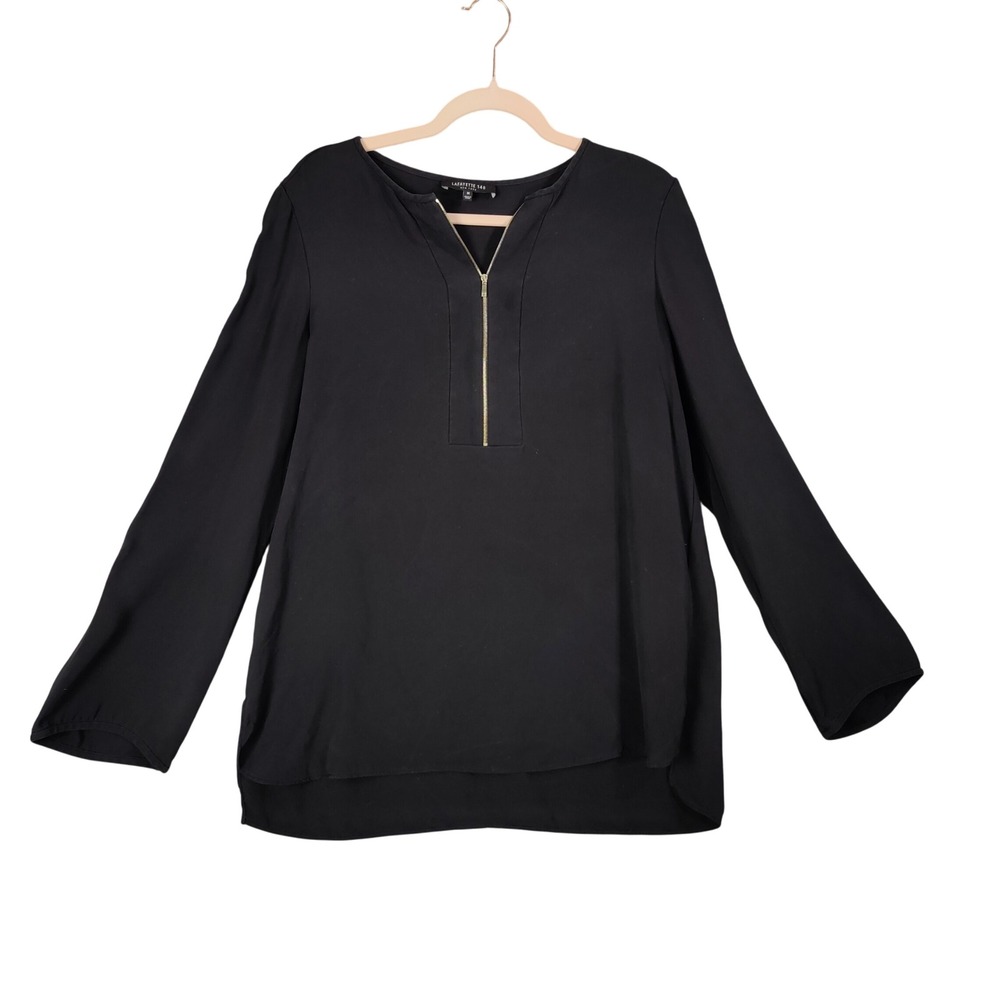 Lafayette 148 Black 100% Silk Long Sleeve Zipper Neck Blouse Women Medium Luxury